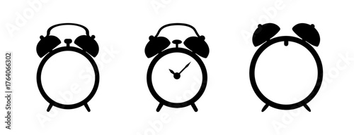 Three retro alarm clocks icons for time management scheduling and morning routine reminders graphic