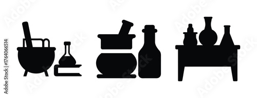 Alchemy laboratory set with mortars pestles vials and bottles for scientific discovery and magic research