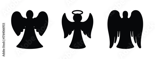 Three black silhouette angel figures with wings and halos on a white canvas representing faith and spirituality