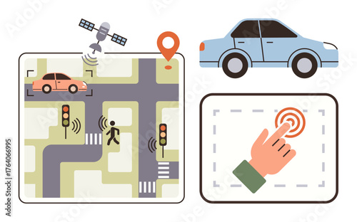 GPS tracking, car navigation, traffic lights, satellites, touch interaction, and road maps. Ideal for transportation, technology, connectivity smart cities road safety automation digital