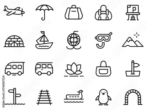 A diverse collection of travel and adventure-themed icons in a minimalist style.