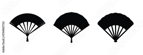 Three traditional black handheld fans with bamboo ribs silhouette japanese asian style decorative accessory