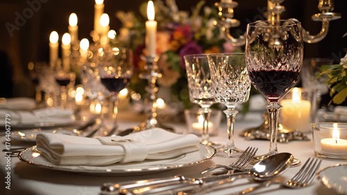 Elegant formal dining table setting with candles and wine glasses for special occasion dinner party celebration atmosphere luxury experience