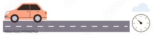 Orange car travels on a gray road with dashed lines, accompanied by a clock and a cloud. Ideal for transportation, time management, travel, punctuality, journey, planning efficiency. A simple flat