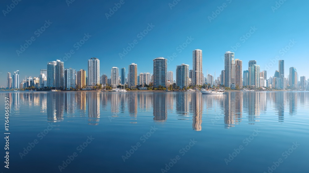Naklejka premium panoramic view of the city beautiful buildings blue sky