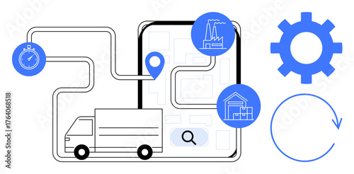 Truck traveling through connected routes on map with location pin, factory and warehouse icons. Ideal for delivery network, supply chain management, transportation, logistics, planning, operations