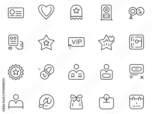 A collection of minimalist icons representing various concepts like status, identity, and celebration.