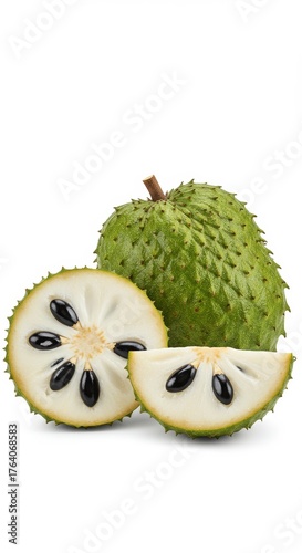 Fresh Soursop fruit with Slices and Peel on a White Background