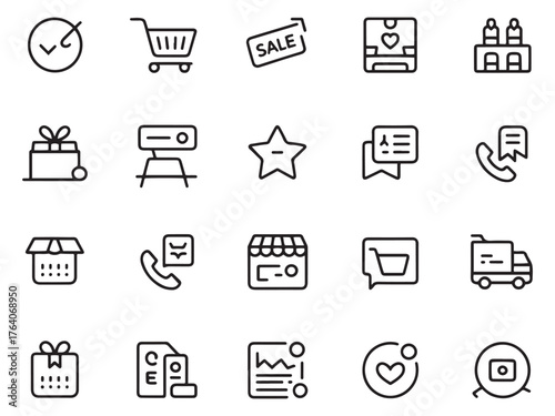 A collection of minimalistic line icons representing shopping, sales, communication, and gifts.