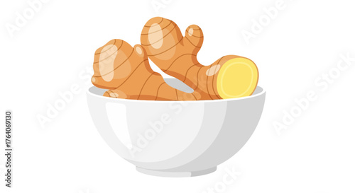 Fresh ginger roots in a white bowl, healthy food ingredient.