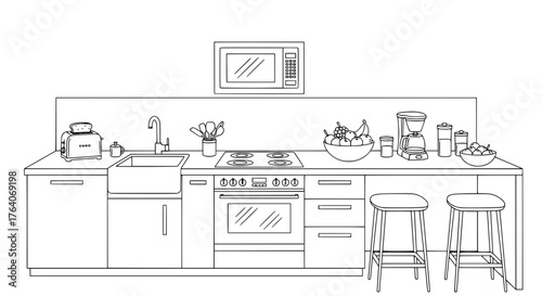 A Line Drawing of a Modern Kitchen Countertop with Appliances and Fruit.