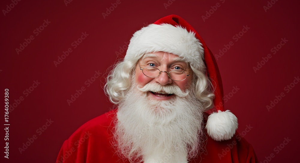 Naklejka premium Festive portrait of a cheerful Santa Claus smiling on a red background.