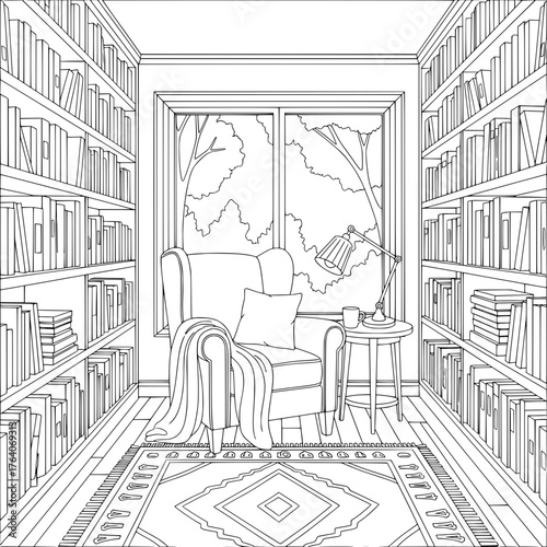 Cozy armchair and bookshelves in a room with a window view.