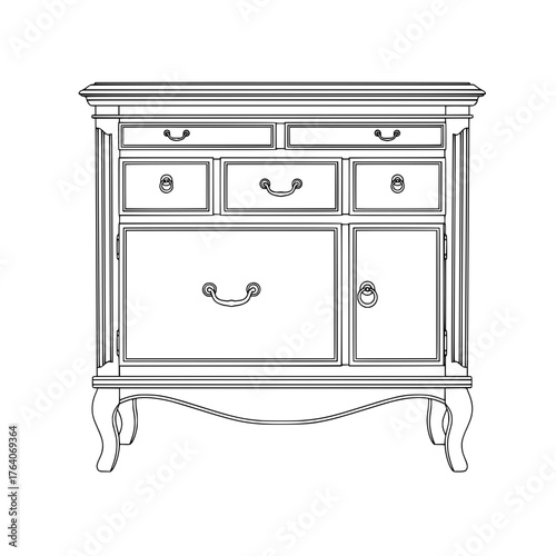 Elegant antique dresser with multiple drawers and a cabinet.