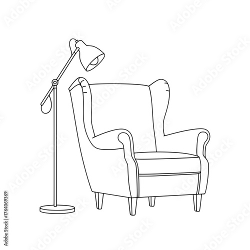 Elegant Wingback Armchair and Floor Lamp Line Art Illustration.