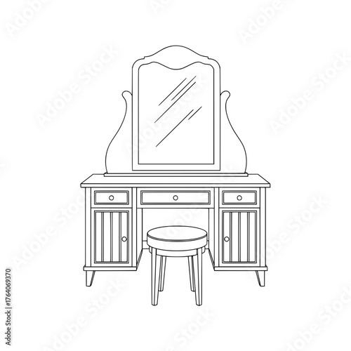 Elegant Vanity Table with Mirror and Stool.