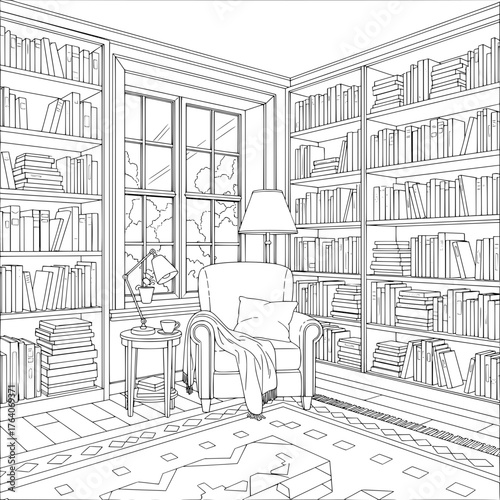 Cozy reading nook with bookshelves armchair and window view.