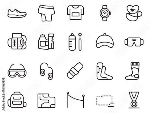 A collection of fitness icons illustrating sports gear, apparel, and accessories.