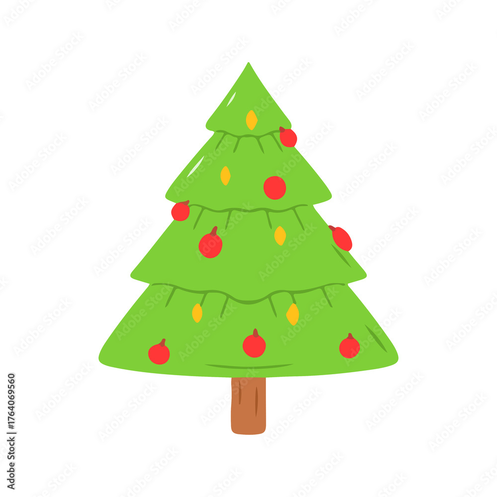 Fototapeta premium Cute Layered Christmas Tree Illustration with Ornaments and Lights