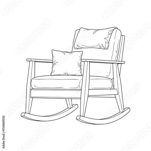 Line art illustration of a comfortable rocking chair with cushions.