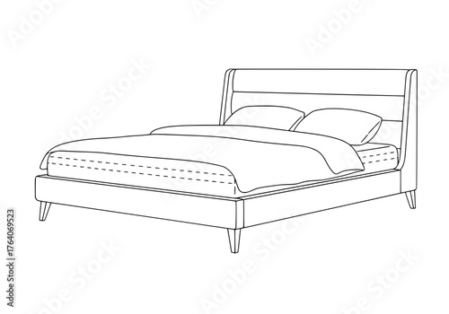 Line art illustration of a modern upholstered bed with pillows and bedding.