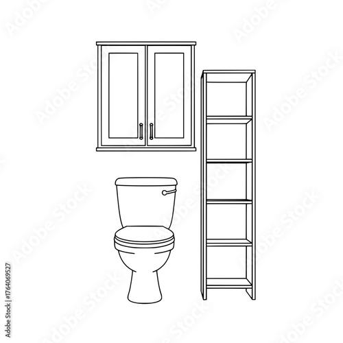 Line art illustration of a toilet cabinet and shelving unit.