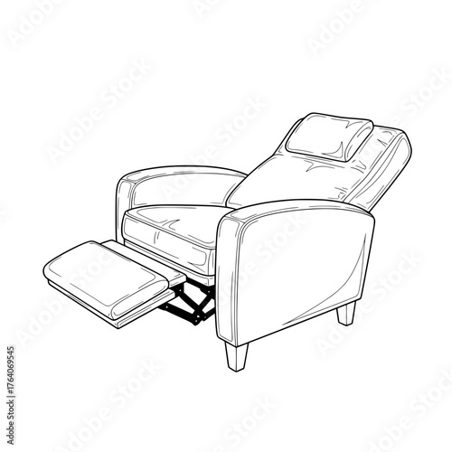 Line art illustration of a recliner chair with extended footrest.