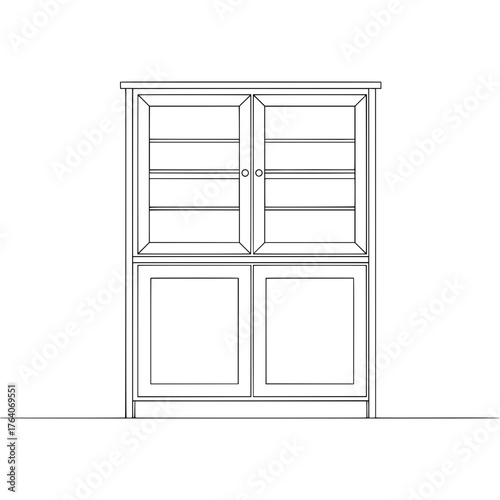 Line art illustration of a twotiered wooden display cabinet with glass doors.