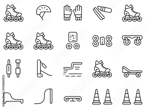 A collection of roller skating icons including gear, skates, wheels, and safety equipment.