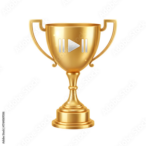 Golden cup featuring a video player icon. 3D vector illustration

