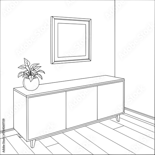Line art of a modern sideboard with a potted plant and framed art.