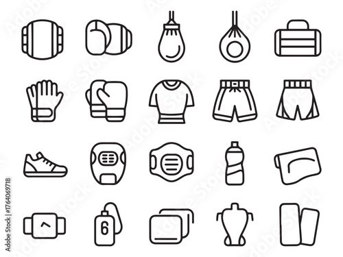 A collection of boxing and fitness equipment icons, showcasing various gear and apparel.