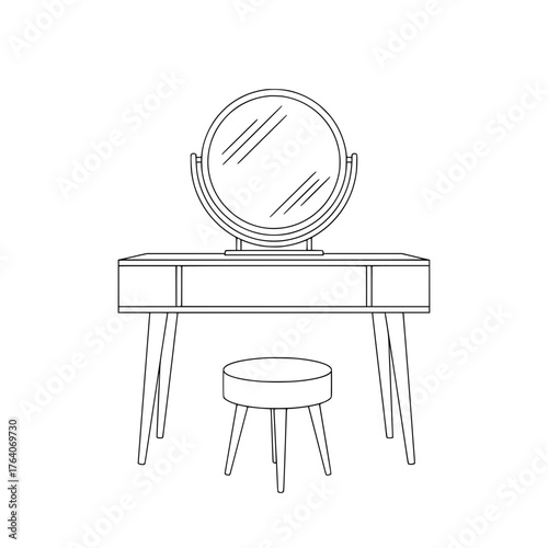 Minimalist outline of a round vanity mirror and stool.