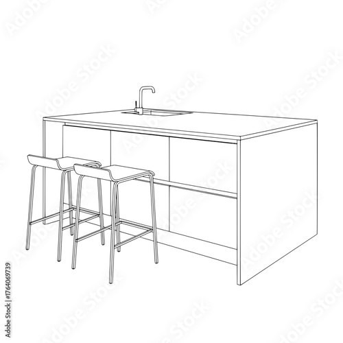 Modern Kitchen Island with Sink and Bar Stools Line Art.