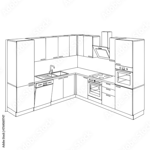 Modern LShaped Kitchen Unit with Appliances and Storage.
