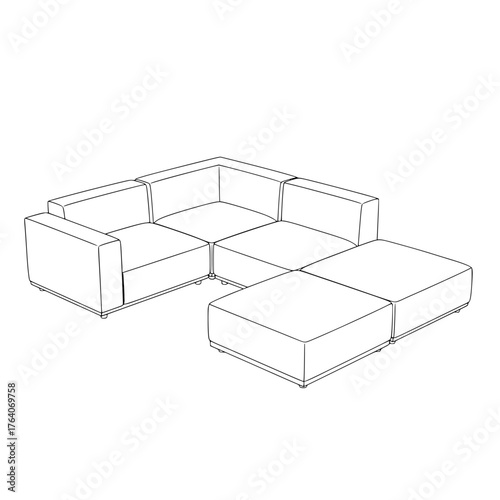 Modern Sectional Sofa with Ottoman Line Art Illustration.