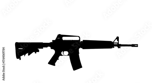 Striking black silhouette of a modern assault rifle, symbolizing power and defense, perfect for impactful design concepts.