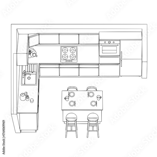 Topdown view of a modern Lshaped kitchen with dining area.