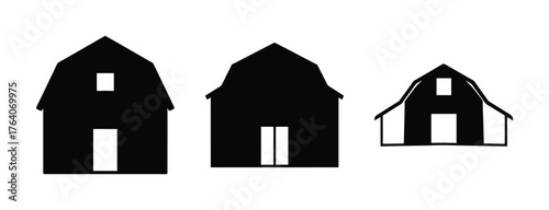 Three black barn silhouettes with gambrel roofs and large doors ideal for rural designs