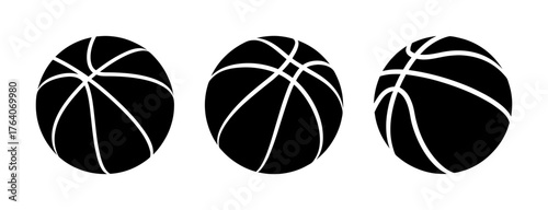 Three black basketballs with white lines representing the sport of basketball
