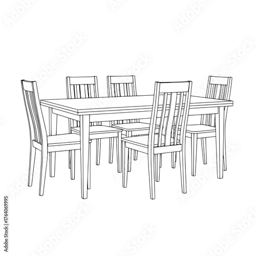 Wooden Dining Table with Six Chairs Line Art Illustration.
