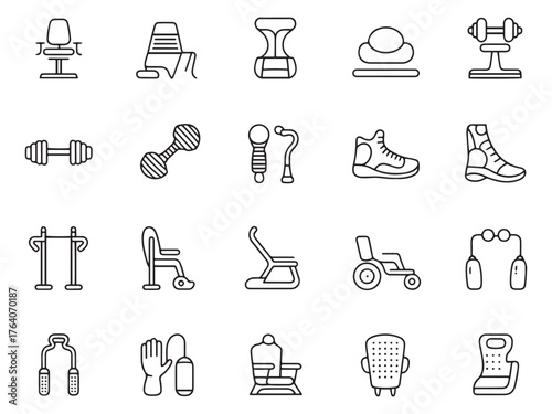 Collection of fitness and exercise icons in a minimalist style, featuring various gym equipment.