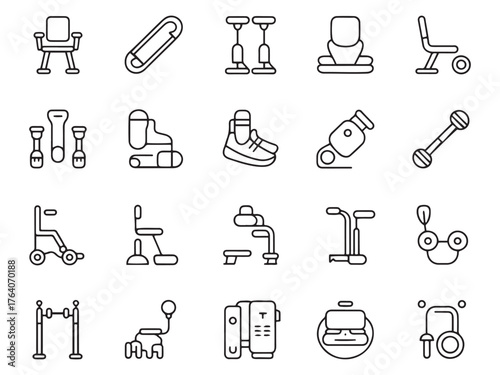 A variety of line icons depicting different office and fitness equipment.