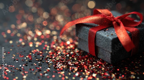 a beautifully wrapped present with a vibrant red ribbon sits amidst sparkling festive confetti on a dark background creating a magical holiday atmosphere