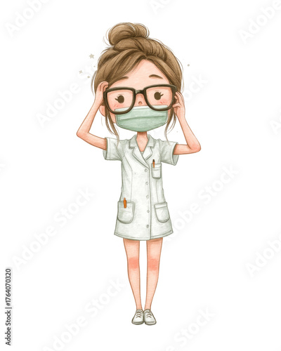 Cute cartoon illust n of a healthcare professional adjusting her glasses and mask.