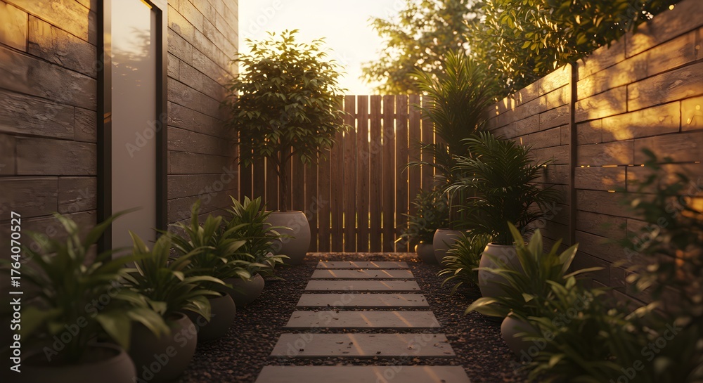Fototapeta premium Wooden pathway garden with stone tiles and plants illuminated by sunlight