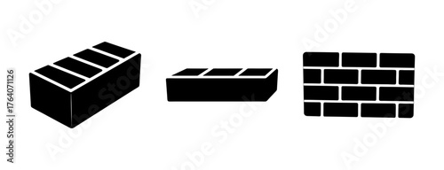 Set of three black and white representations of bricks and brickwork for construction design elements
