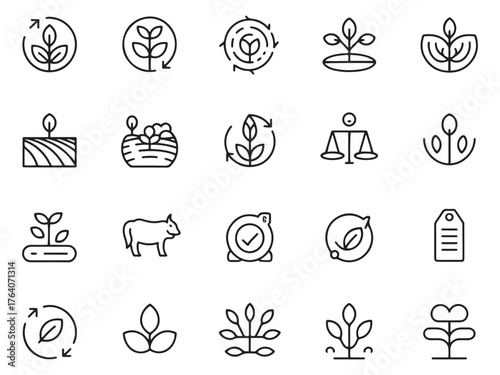 A collection of minimalist line icons representing growth, sustainability, and nature.