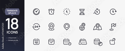 Set of time, date and location line icons. Simple symbols with clock, alarm, timer, map with pin, calendar and schedule. Editable stroke. Outline vector illustration collection