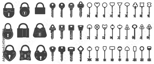 Set of keys and locks icons. Dark silhouettes of modern and old antique keys and locks from doors, cars and rooms. Open and access. Flat vector illustration collection